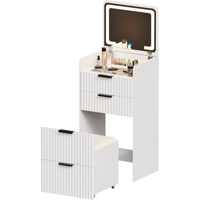 Трюмо Lvifur з LED-дзеркалом та 3 висувними ящиками, кутовий, для спальні, квартири, гуртожитку, білий