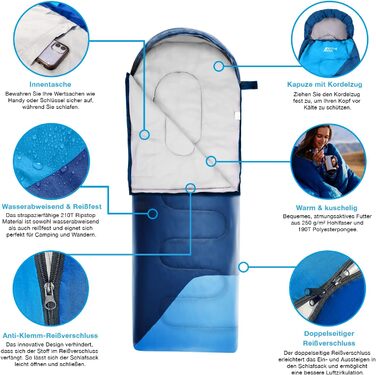 Спальний мішок Active Era Premium муміє 250 GSM для зими та літа, температурний режим 0°C-15°C, водовідштовхувальний, ультралегкий, компактний, для кемпінгу та фестивалів
