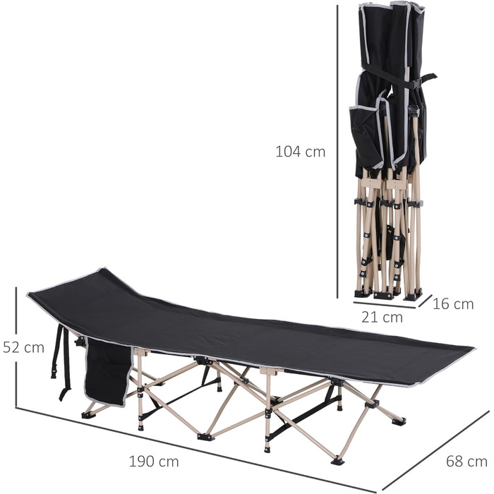 Похідне ліжко Outsunny з сумкою для зберігання, розкладне кемпінгове ліжко, кемпінговий шезлонг, в т.ч. сумка для перенесення, сталевий Оксфорд, 190 x 68 x 52 см Чорний