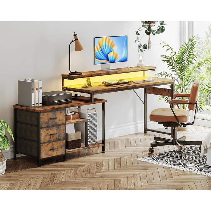 Кутовий стіл ODK з ящиками 174x100 см, з полицею, реверсивний, для геймінгу, офісу, дому, коричневий