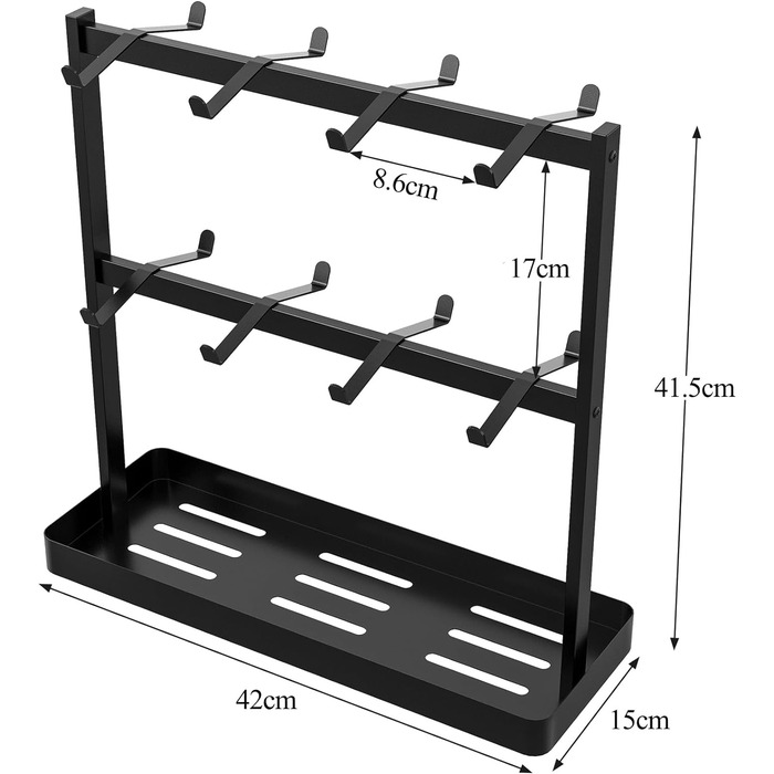 Підстаканник YUMORE з 16 гачками, металевий тримач для чашки для кави з основою для зберігання, чорний, 42x15x41.5см