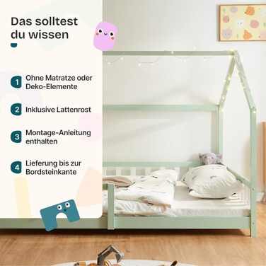 Ліжко дитяче en.casa Hesel для дітей, 90x200 см, біле, з бортиками та ламелями, Montessori, дерев'яне, для юніорів