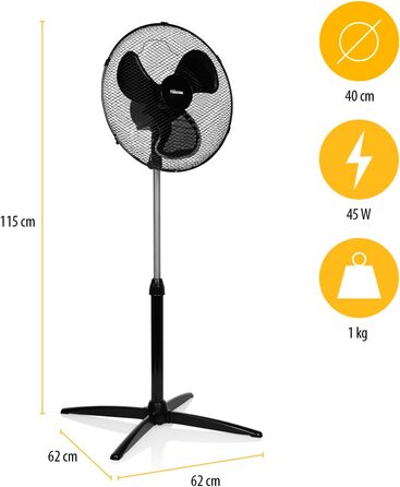 Вентилятор на п'єдесталі Tristar VE-5756 45 Вт 40 см Ø 115 см Регульований по висоті 3 налаштування швидкості коливається на 85