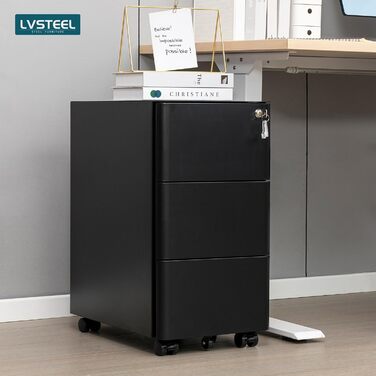 Металевий рол-контейнер LVSTEEL з 3 висувними ящиками, офісний, для дому, білий (чорний), з замком, 4 ключі