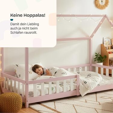Дитяче ліжко en.casa Hesel для дітей, рожеве, 90x200 см, з бортиками та ламелями, Montessori, дерев'яне, Hausbett