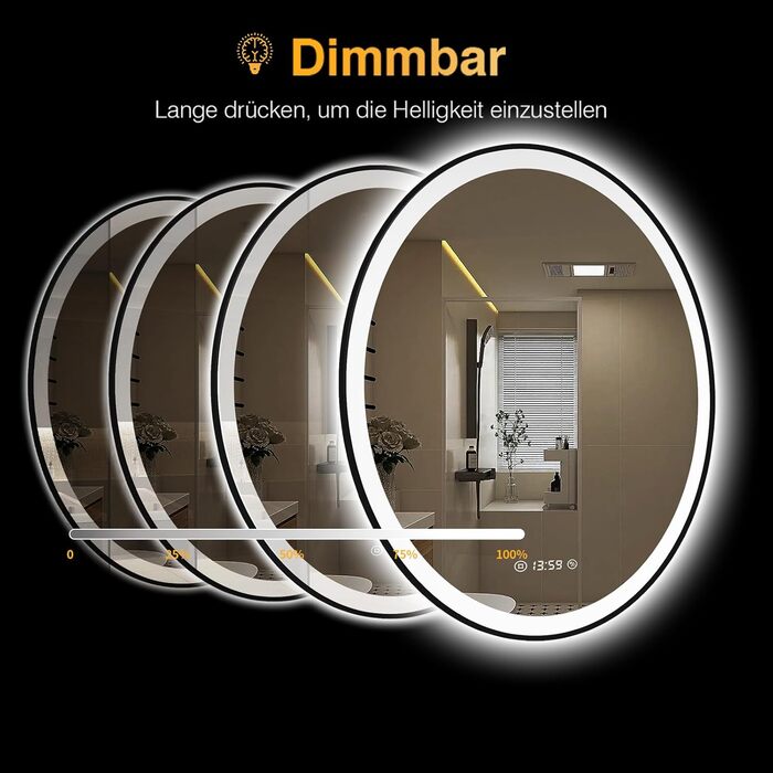 Дзеркало кругле PESENXAN 70см з чорною рамою та підсвічуванням. Антизапарник, диммер, 3 кольори світла, LED, енергозбереження, сенсорна кнопка, функція пам'яті. 60x60 см