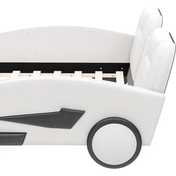 Дитяче ліжко-машина Merax Дитяче ліжко Модель автомобіля Ліжка, односпальне ліжко з рейковим каркасом і ліжком для зберігання, ігрове ліжко для маленьких гонщиків хлопчиків і дівчаток, PU поверхня, до 250 кг, білий (140 x 200 см, білий-1)
