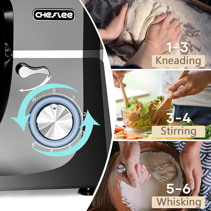 Кухонна машина Cheflee 2000W: потужна планетарна міксер для тіста та збивання, 6 швидкостей, 7.2 л чаша з нержавіючої сталі, гак та вінчик, захист від бризок, чорний