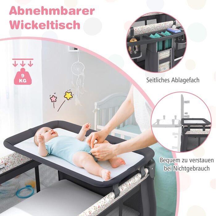 Дитяче туристичне ліжко COSTWAY 5 в 1 з матрацом, функція ліжечка-гойдалки, з регульованим козирком, пеленальний столик, музична іграшка та сумка для перенесення, до 15 кг (квітковий принт)