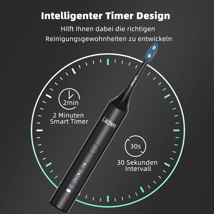 Електрична звукова зубна щітка Läschen з 5 режимами, кейс, 4 насадки, USB-зарядка, таймер, IPX7, чорна