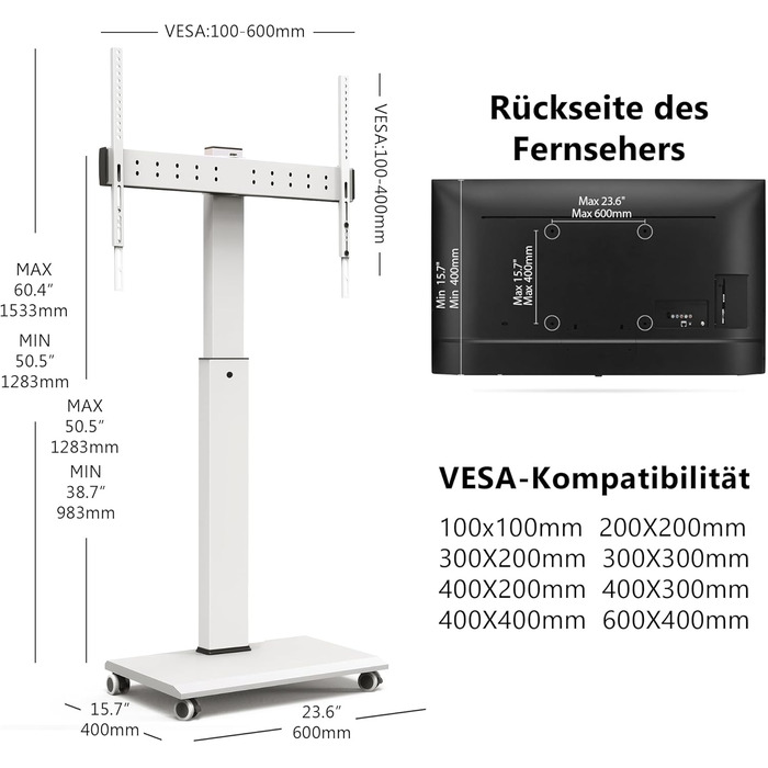 Підставка для телевізора FITUEYES на колесах, 32-75 дюймів, плазма/LCD/LED, білий, VESA 600x400 мм