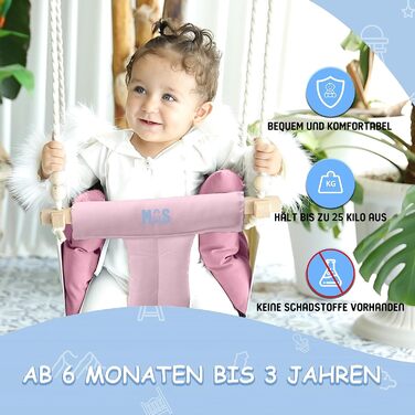 Дитяча гойдалка для дому та саду з бука, рожева. Максимальне навантаження 25 кг. Комплект кріплення