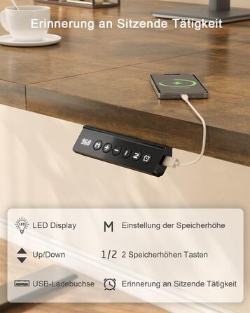 Електричний стіл JUMMICO з USB-портом, 160 x 70 см, регулювання висоти, стоячий/сидячий, коричневий