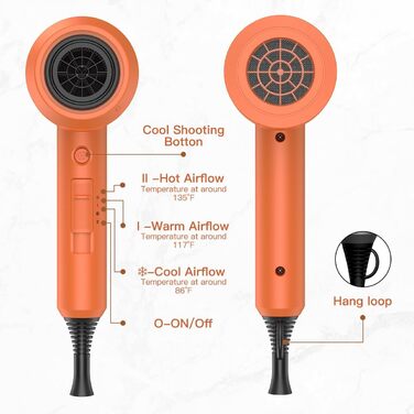 Іонний фен для волосся Slopehill 1800W для швидкого сушіння, професійний салонний фен з 3 насадками (концентратори та дифузор), 3 режимами температури та 2 швидкостями, помаранчевий