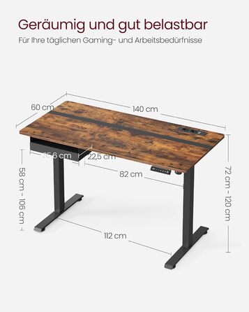 Електричний регульований стіл VASAGLE, 60 x 140 см, з пам'яттю висоти, розетками та ящиком, кольори: білий + горіх, LSD112W01