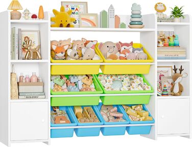 FOREHILL Дитяча полиця з 8 ящиками, дитячий шафа, книжкова полиця для дітей, органайзер для іграшок, меблі для дитячої кімнати, 138,8 x 94,3 x 29,6 см, білий (білий з зеленим)