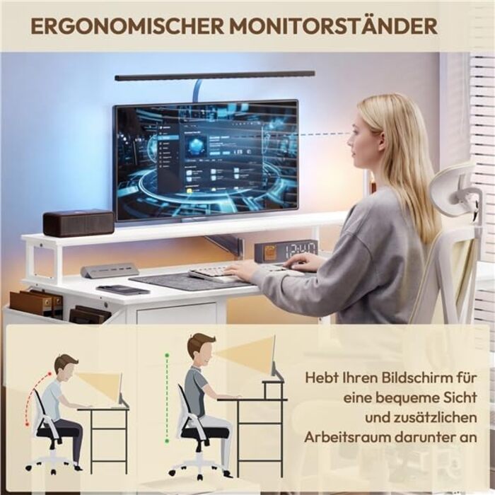 Кутовий стіл Yaheetech L-подібний з розетками, 120 x 68 см, білий. Ігровий стіл з кріпленням для монітора, 4 шухлядами, 2 полицями та кишенькою для зберігання. Для дому та офісу.