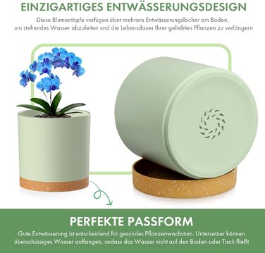 Набір горщиків для квітів 5 шт. з підставками, 17.8/15.2/14/12.7/10.2 см, пластикові, для гідропоніки, внутрішнього та балконного озеленення, зелені з коричневим піддоном