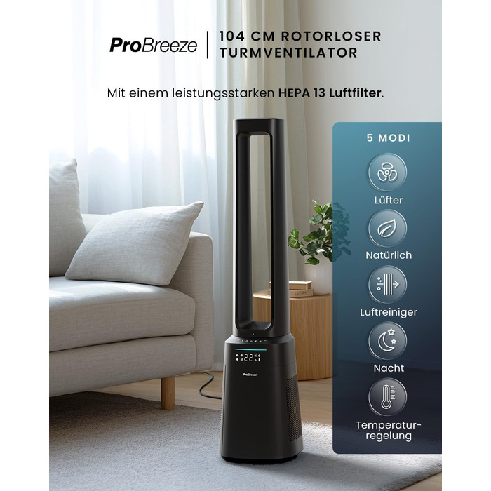 Вентилятор Pro Breeze OmniAir з очищувачем повітря 105 см, 10 швидкостей, HEPA 13, LED дисплей, пульт ДУ, 5 режимів, тиха робота, чорний