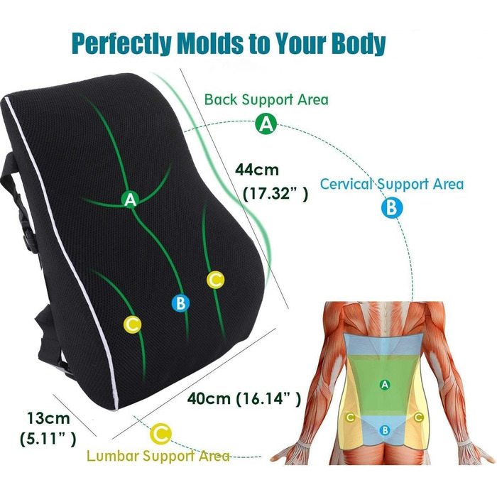 Подушка для спини Qutool з Memory Foam, поперекова подушка для офісного та геймінгового крісла, підтримка попереку, регульовані ремені, сітчаста обкладка (чорний)