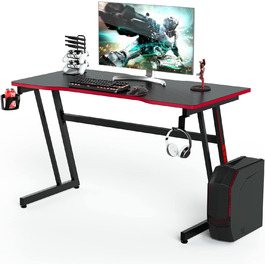 Ігровий стіл COSTWAY 120 см Z-подібний, комп'ютерний стіл з підсклянником, гачок для навушників, тримач геймпада, ергономічний стіл, робочий стіл Офісний стіл для ПК (чорно-червоний)