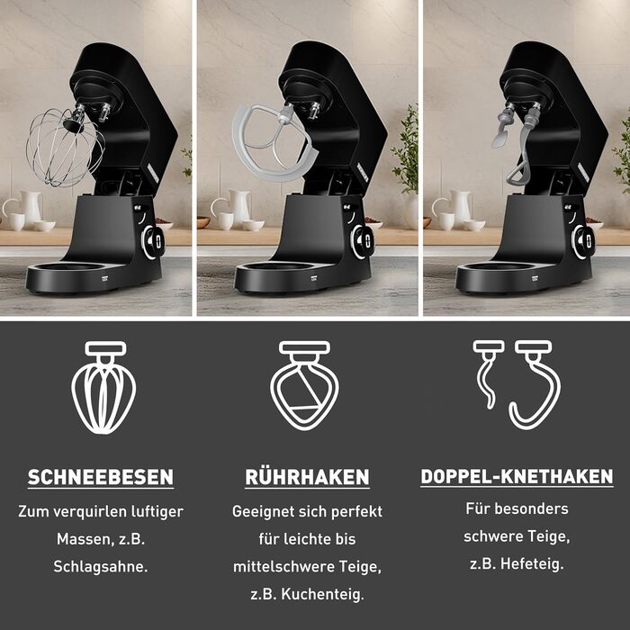 Кухонна машина Heinrichs 2500W з подвійним гаком для тіста, міксером та вінчиком, 8 швидкостей, чаша 8л з нержавіючої сталі, чорна