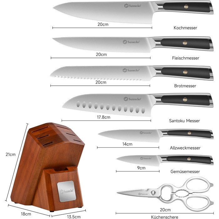 Набір ножів Sunnecko 6 шт. з підставкою – кухонний набір ножів, кухонні ножі з ергономічними ручками, гострими лезами, підставка з нержавіючої сталі та акації