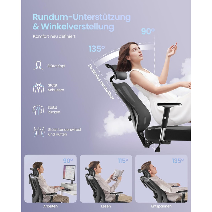 Офісний стіл SONGMICS: ергономічне крісло з регульованою поперековою підтримкою, підголівником та підлокітниками, до 150 кг, чорний OBN067BH01