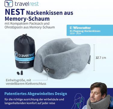 Подушка для шиї Travelrest Nest з Memory Foam - підтримка шиї для подорожей, літаків, довгих поїздок. Ідеально для дорослих, комфорт, знімний чохол - сіра
