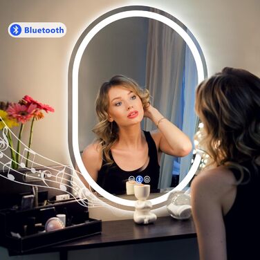 Дзеркало для ванної кімнати Trintion з підсвічуванням, овальне, 50x70 см, з годинником та сенсорним вимикачем, протизапотівальне, регульоване, 3 кольори світла (3500K-6500K)