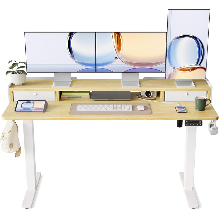 Електричний регульований стіл YIHAYO 120x60 см з ящиками та підставкою для монітора, функція пам'яті, Natural White, білий каркас