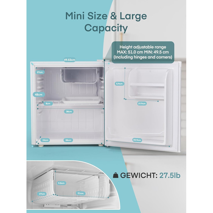 Міні-холодильник FOHERE 46L з відділенням для льоду | Компактний холодильник з регулюванням температури, енергозберігаючий, тихий | Ідеальний для офісу, кемпінгу та геймінгу | Змінний бік відкривання дверцят | Білий