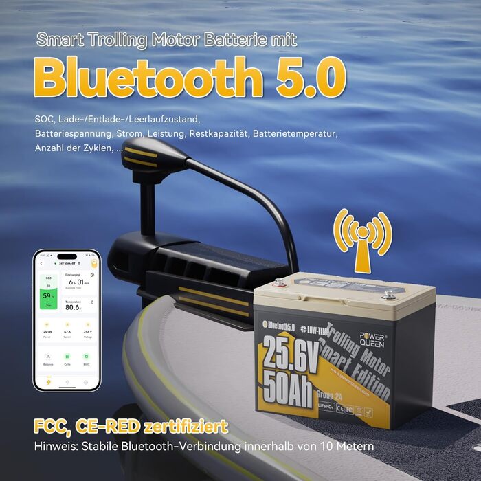 Акумулятор Power Queen 24V 50Ah LiFePO4, 1280 Втгод, Bluetooth, захист від низьких температур, для тролінгового двигуна 24 В, човен