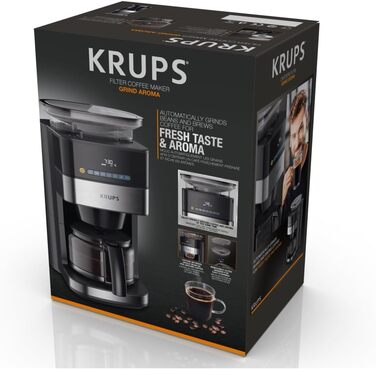 Кавомашина Krups KM8328 Grind Aroma з вбудованим млином | Таймер, 1.25л, 15 чашок | 3 ступені помелу, автовимкнення, чорний