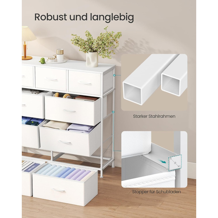 SONGMICS Комод з 9 висувних ящиків, шафа для зберігання, сталь, MDF, фліс, для спальні, прихожей, вітальні, білий (LGS323WH01)