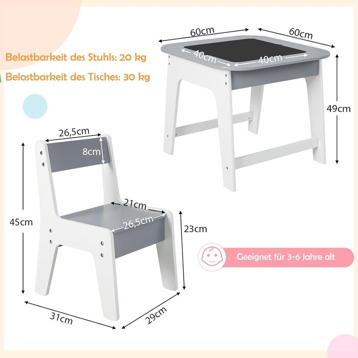 Дитячий стіл DREAMADE з 2 стільцями: комплект меблів для дитячої кімнати з двосторонньою стільницею та місцем для зберігання, 3-ох частинний набір для дітей від 3 років, підходить для дитячих кімнат та садочків (натуральний+білий) (сірий+білий)