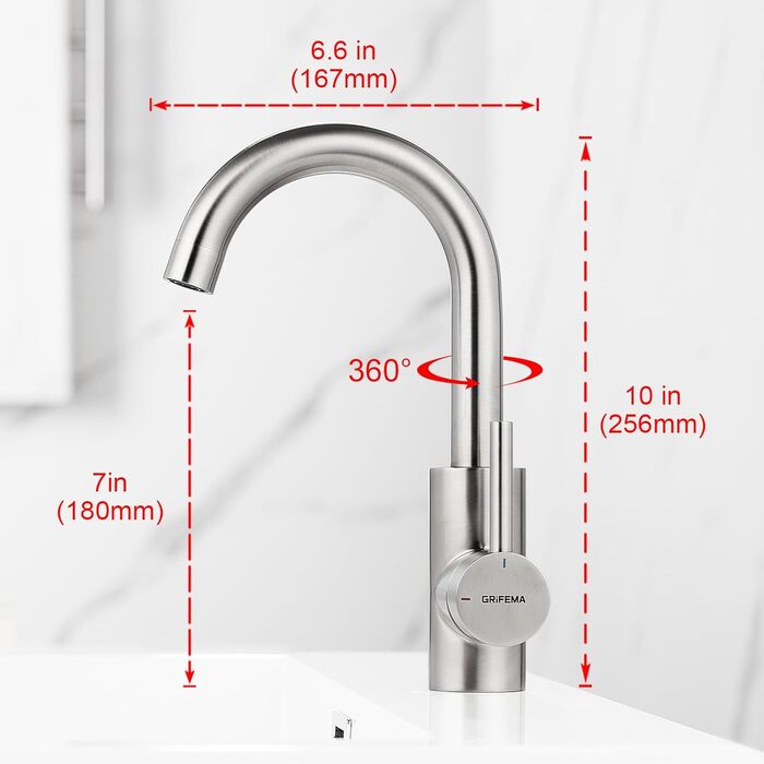 Змішувач для ванної кімнати GRIFEMA, 360° поворотний, однорідний, нержавіюча сталь, 180 мм, холодна та гаряча вода, економія води, проста установка, 3/8″ з'єднання, для гостьового туалету, G1002A сірий