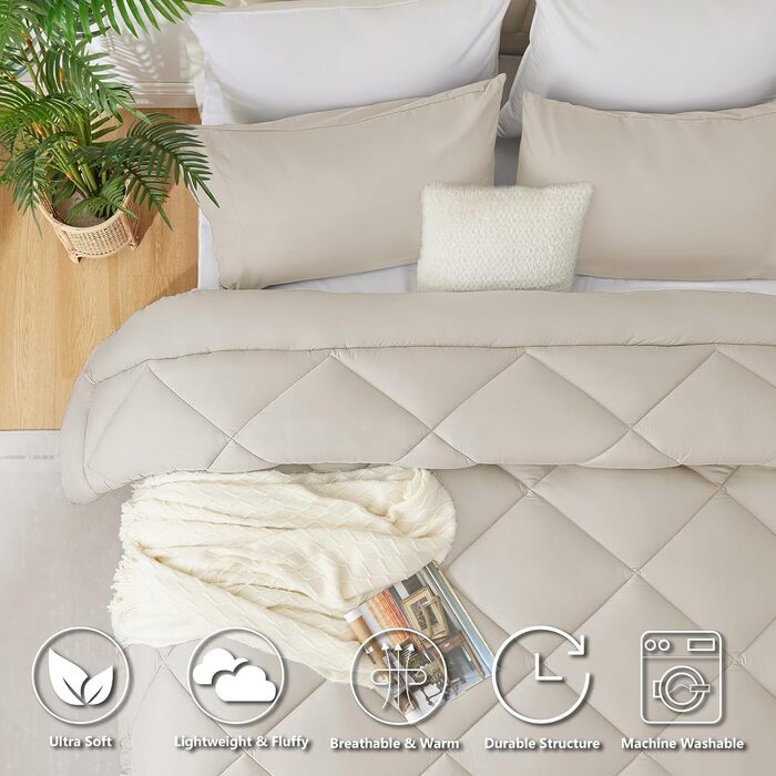 Ковдра CozyLux 200x200 см для всіх сезонів, ковдра з мікрофібри 300gsm, дихаюча ковдра, білий/бежевий (155x220 см)