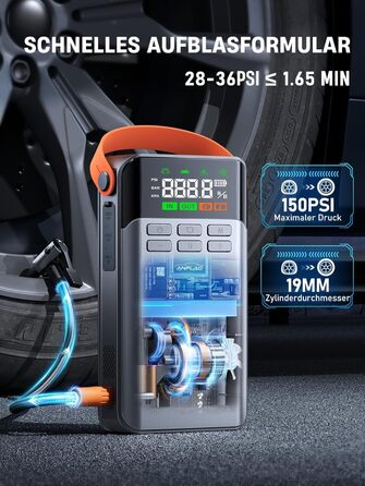 Портативний пусковий пристрій ANFLAG 5500A з компресором 150PSI, LCD-екраном та LED-ліхтариком (сірий)