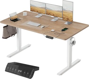 FEZIBO Стол з регулюванням висоти 160x80 см з USB-портами, електричний, для дому/офісу, економія місця, дуб