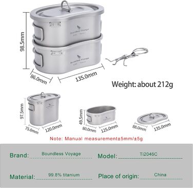 Набір для приготування їжі iBasingo Ti2046C: титановий посуд для кемпінгу та подорожей (600мл каструля, 300мл чашка)
