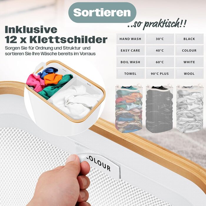 Кошик для білизни KESSER® з кришкою, 2 відділення, складний | Коробка для білизни, кошик, контейнер | 3 знімні мішки для білизни, сортер з інструкціями (140 л, білий)