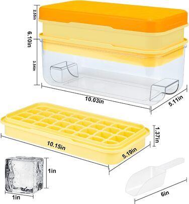 Лоток для кубиків льоду з кришкою і контейнером, 64 кубика льоду, просте натискання, щоб розпушити лід, охолодити коктейль, віскі, кава, 2 миски, 1 відро для льоду і ківш (жовтий)