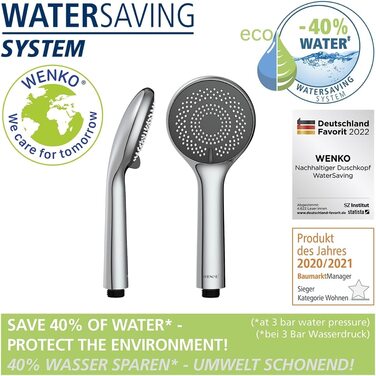 Насадка для душу Wenko Watersaving, універсальний ручний душ, що економить воду, душ зі стійкою системою економії води, економія води на 40 при повному комфорті, хромований ABS (0 x 9,5 x 9,5 см, Rain, сріблястий)