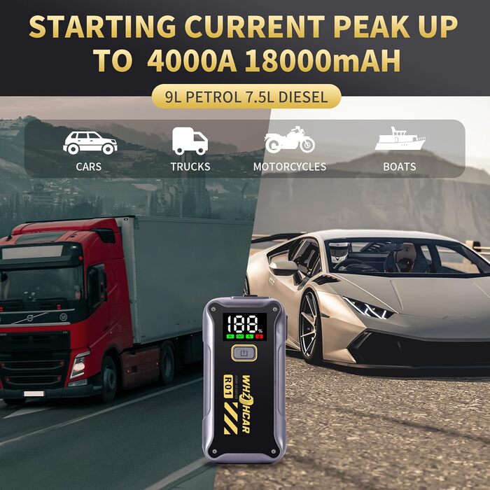 Powerbank Starthilfe 4000A: Портативний пусковий пристрій для авто 12V з LCD дисплеєм та LED ліхтариком. Підходить для бензинових (9.0L) та дизельних (7.5L) двигунів. Ідеально для SUV, мотоциклів та газонокосарок.
