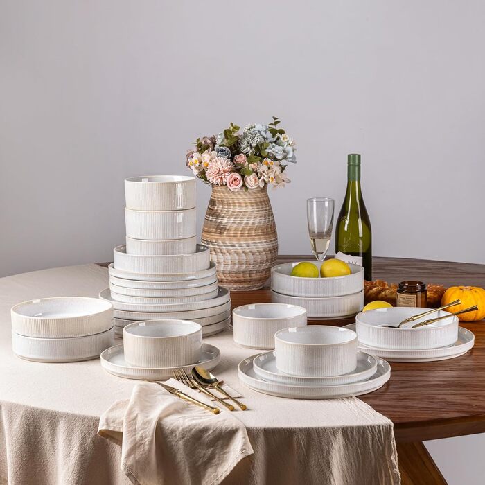 Набір посуду GBhome з каменю, 12 предметів, для 4 осіб, ручна робота, реактивна глазур, безпечний для мікрохвильової печі та посудомийної машини, включає тарілки та миски (Бежевий)