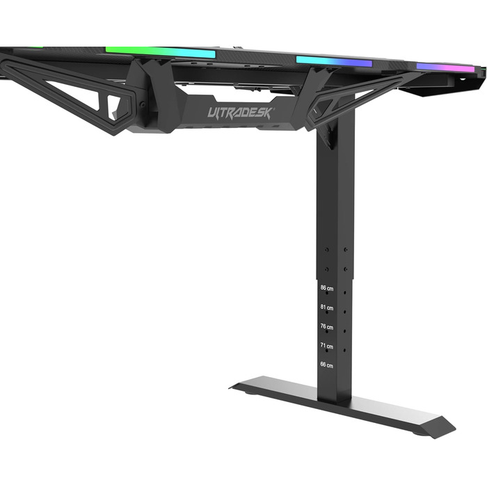 Ігровий стіл ULTRADESK Force , регульований по висоті, подушка XXL, 2 кабельні розетки, поличка для подовжувачів, світлодіодне RGB-підсвічування, сталева рама, сірий, 166x70 см