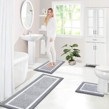 Набір килимків для ванної кімнати Pauwer: м'який, високий ворс, антиковзний. Включає килимок для душу, підлогу та унітаз. Розміри: 45x65 см, 45x120 см, 50x60 см. Машинне прання.