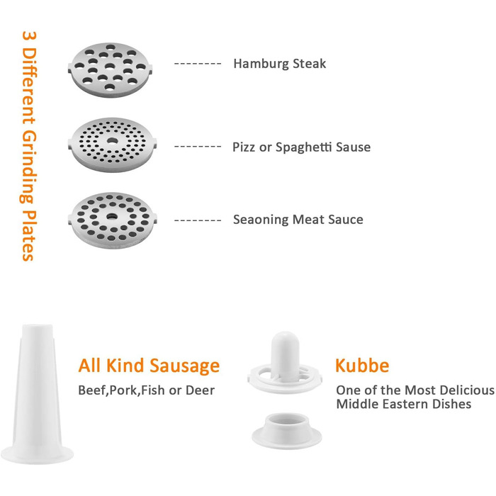 Електрична м'ясоподрібнювач з нержавіючої сталі, 2000W, з набором дисків та насадок для ковбас, чорний
