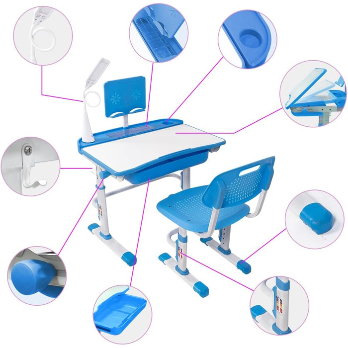 Дитячий письмовий стіл і набір стільців Yinleader, регулюється за допомогою лампи захисту очей, підставка для книг, світло-блакитний